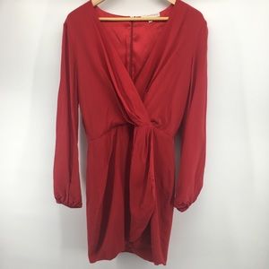 Lavender Brown | Silk Red Faux Wrap Dress Medium